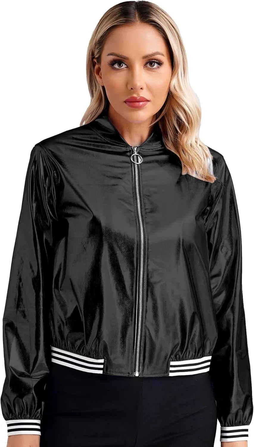 Vxuxlje Women's Metallic Long Sleeve Baseball Bomber Jacket Shiny Holographic Zipper Jacket Coats