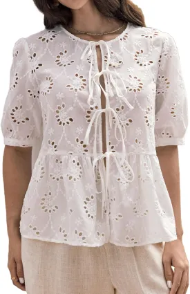 WDIRARA Women's Floral Print Bow Tie Front Blouse Puff Short Sleeve Round Neck Peplum Babydoll Shirt