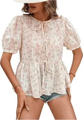 WDIRARA Women's Floral Print Bow Tie Front Blouse Puff Short Sleeve Round Neck Peplum Babydoll Shirt