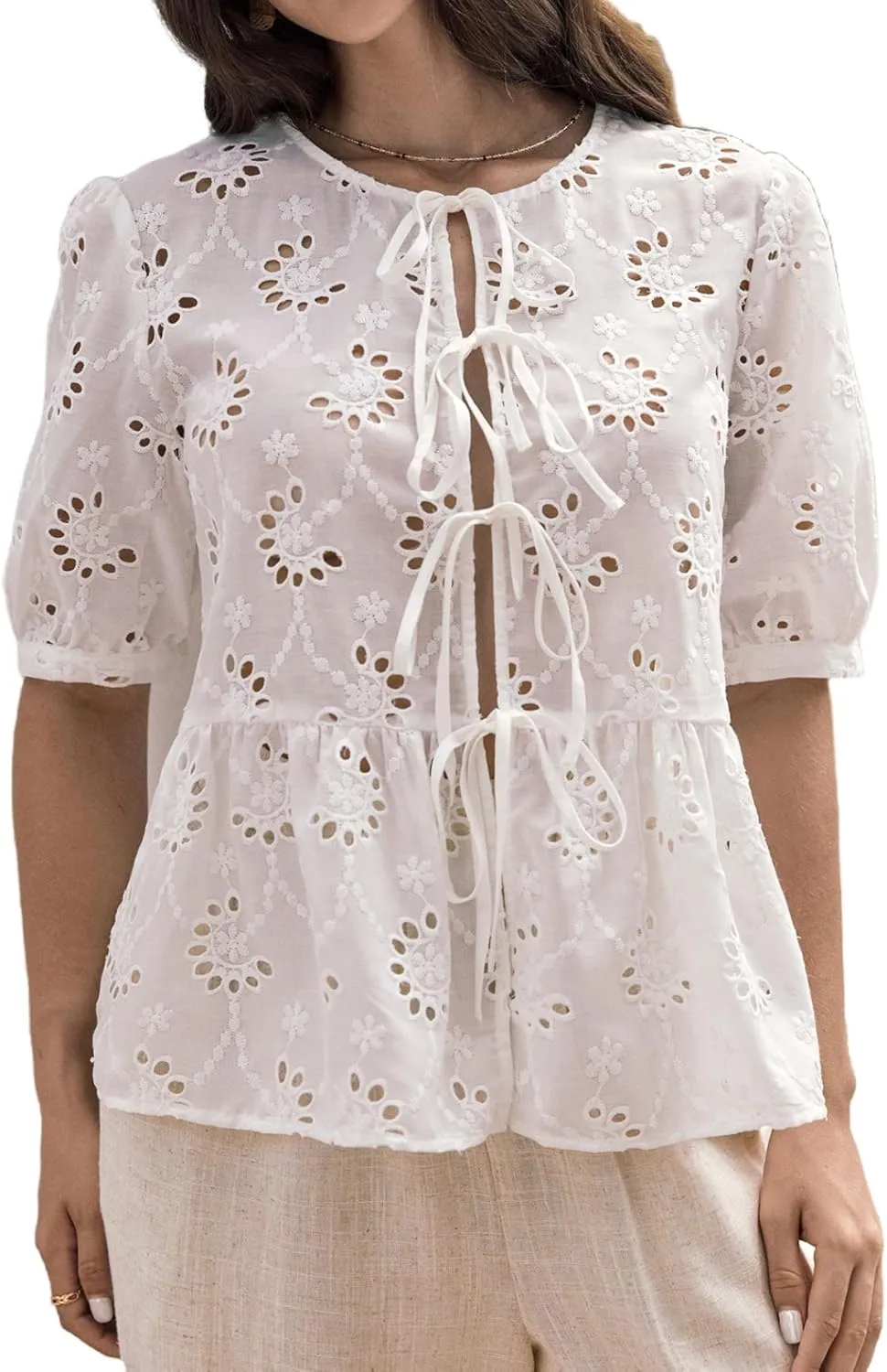 WDIRARA Women's Floral Print Bow Tie Front Blouse Puff Short Sleeve Round Neck Peplum Babydoll Shirt