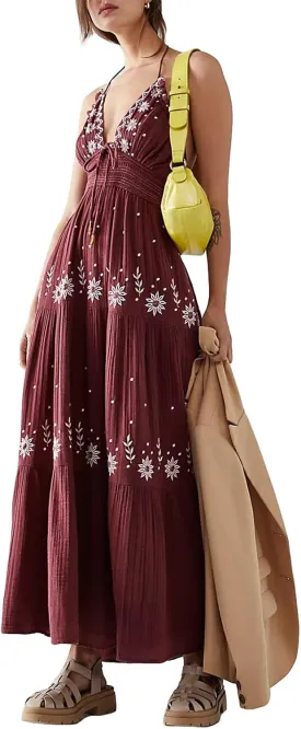 Women Floral Maxi Dress Y2k Sleeveless Backless Spaghetti Strap A-Line Long Flowy Dress Summer Vacation Sundress
