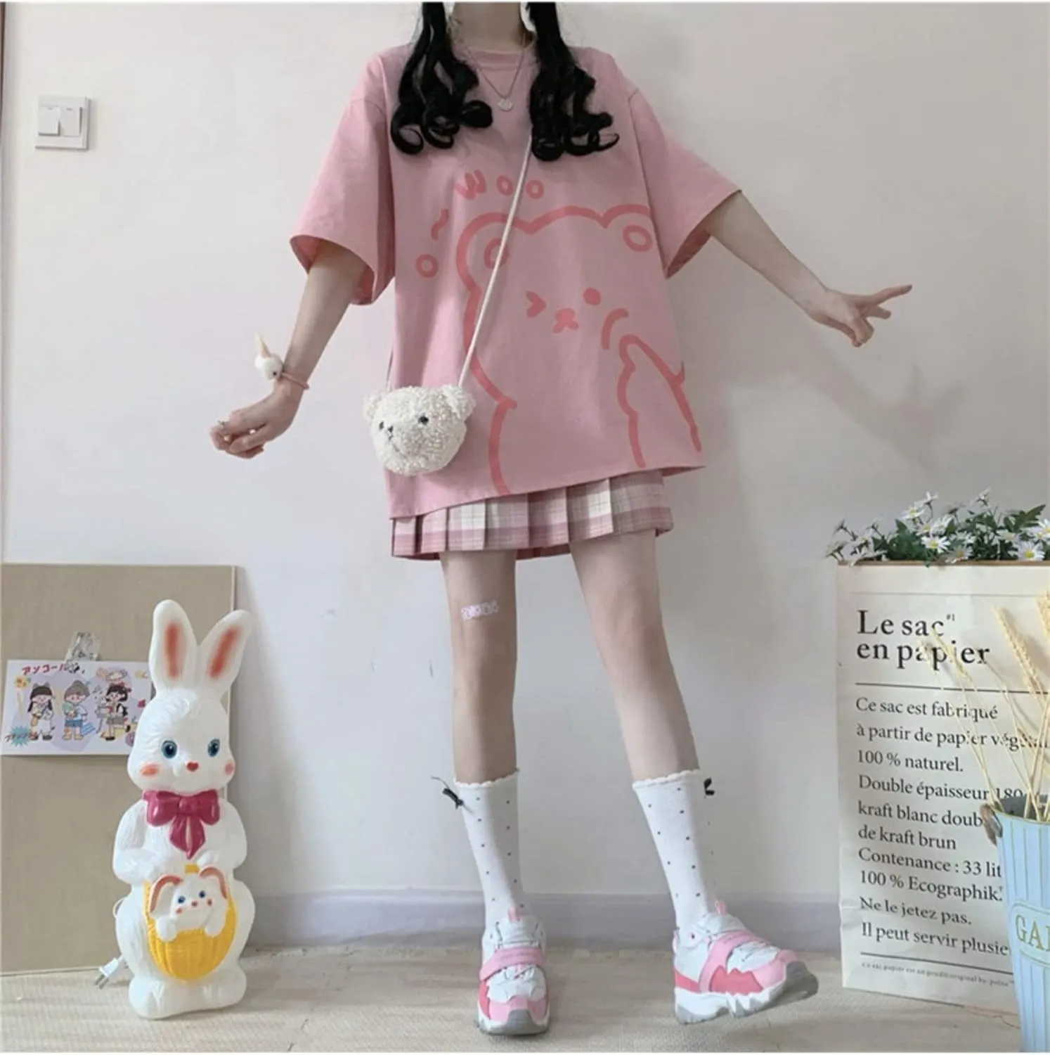 Women Kawaii Bear T-Shirt Cute Japanese Anime Graphic Tees Cartoon Korean Preppy Short Sleeve Baggy Top Oversized Clothes
