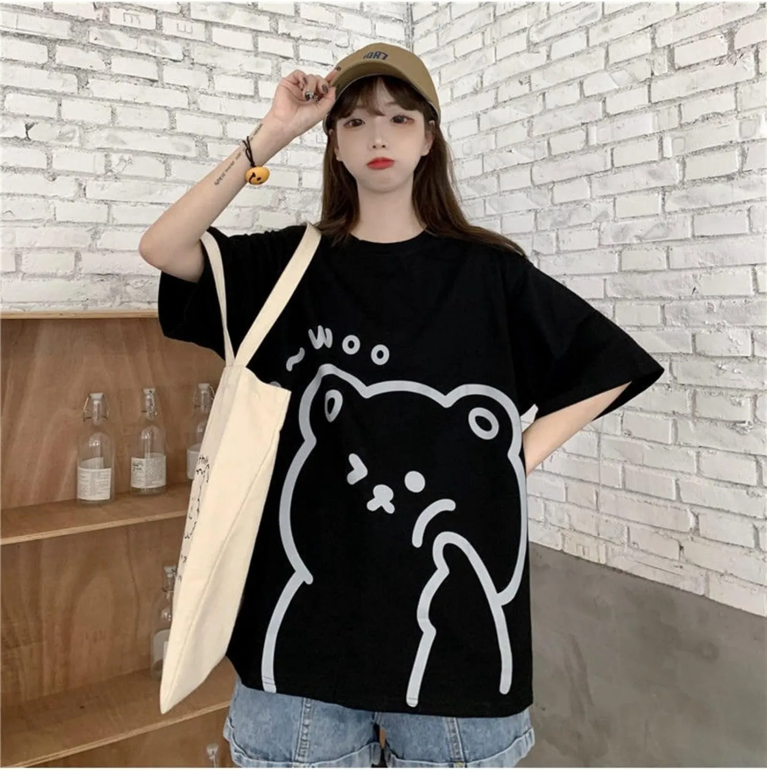 Women Kawaii Bear T-Shirt Cute Japanese Anime Graphic Tees Cartoon Korean Preppy Short Sleeve Baggy Top Oversized Clothes