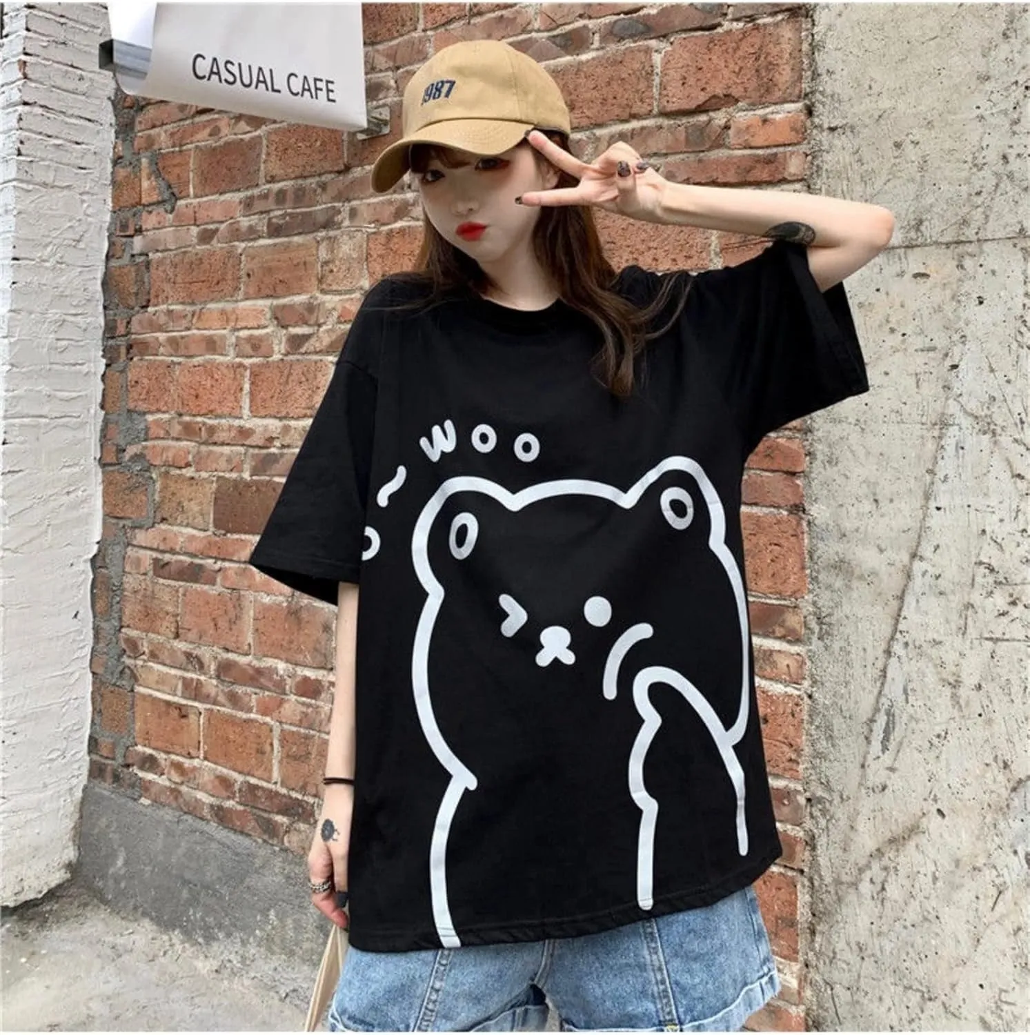 Women Kawaii Bear T-Shirt Cute Japanese Anime Graphic Tees Cartoon Korean Preppy Short Sleeve Baggy Top Oversized Clothes