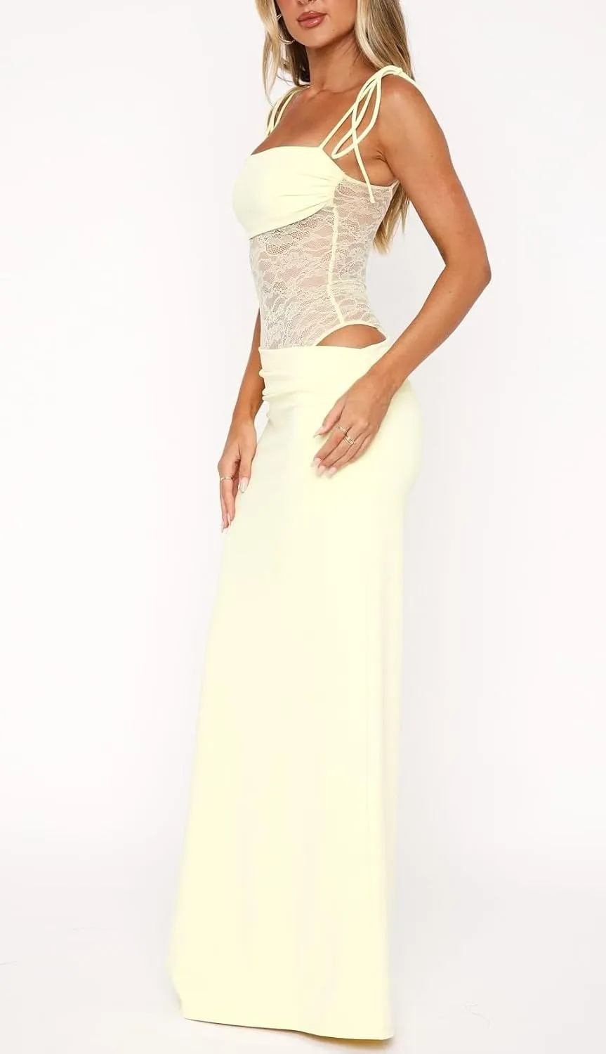Women Sexy Cutout Maxi Dress Sleeveless Lace Patchwork Bodycon Dress Backless Summer Going Out Long Dresses