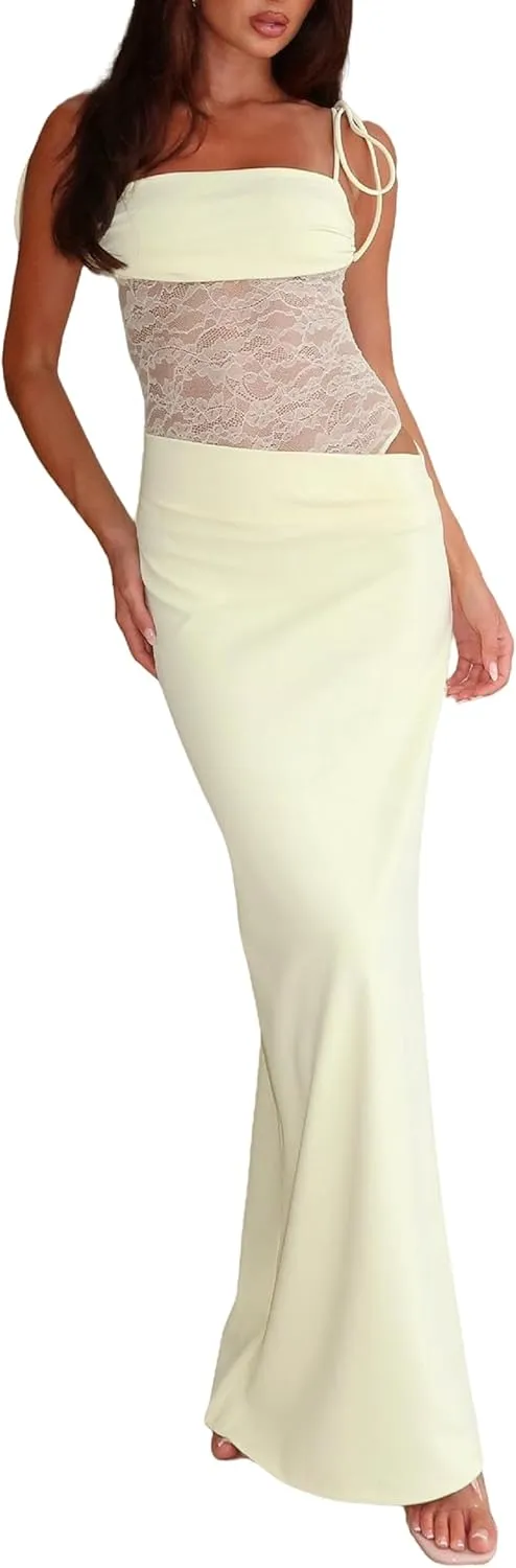 Women Sexy Cutout Maxi Dress Sleeveless Lace Patchwork Bodycon Dress Backless Summer Going Out Long Dresses