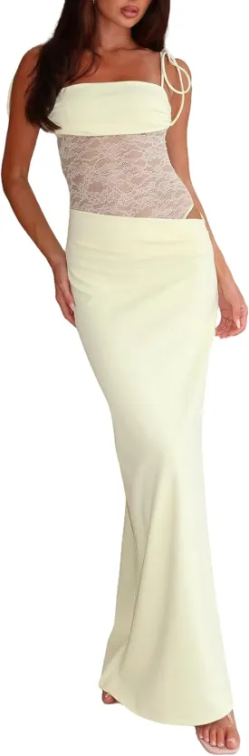 Women Sexy Cutout Maxi Dress Sleeveless Lace Patchwork Bodycon Dress Backless Summer Going Out Long Dresses