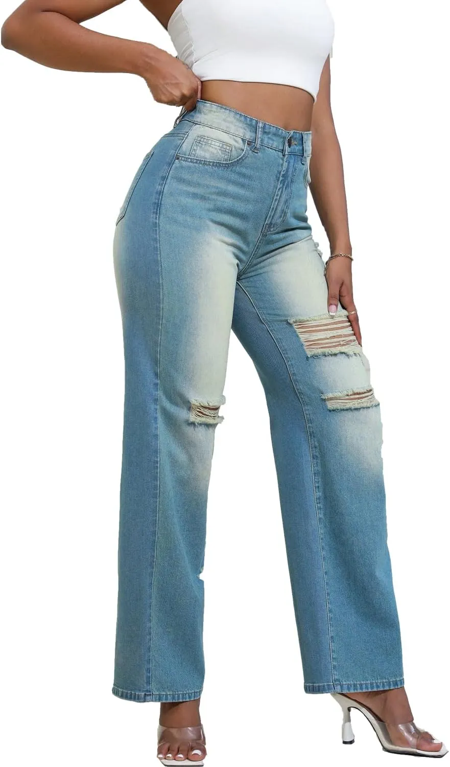 Women Stretchy Distressed Wide Leg Jeans Ripped Mom Baggy Straight Boyfriend Trendy Trouser Denim Pants for Women