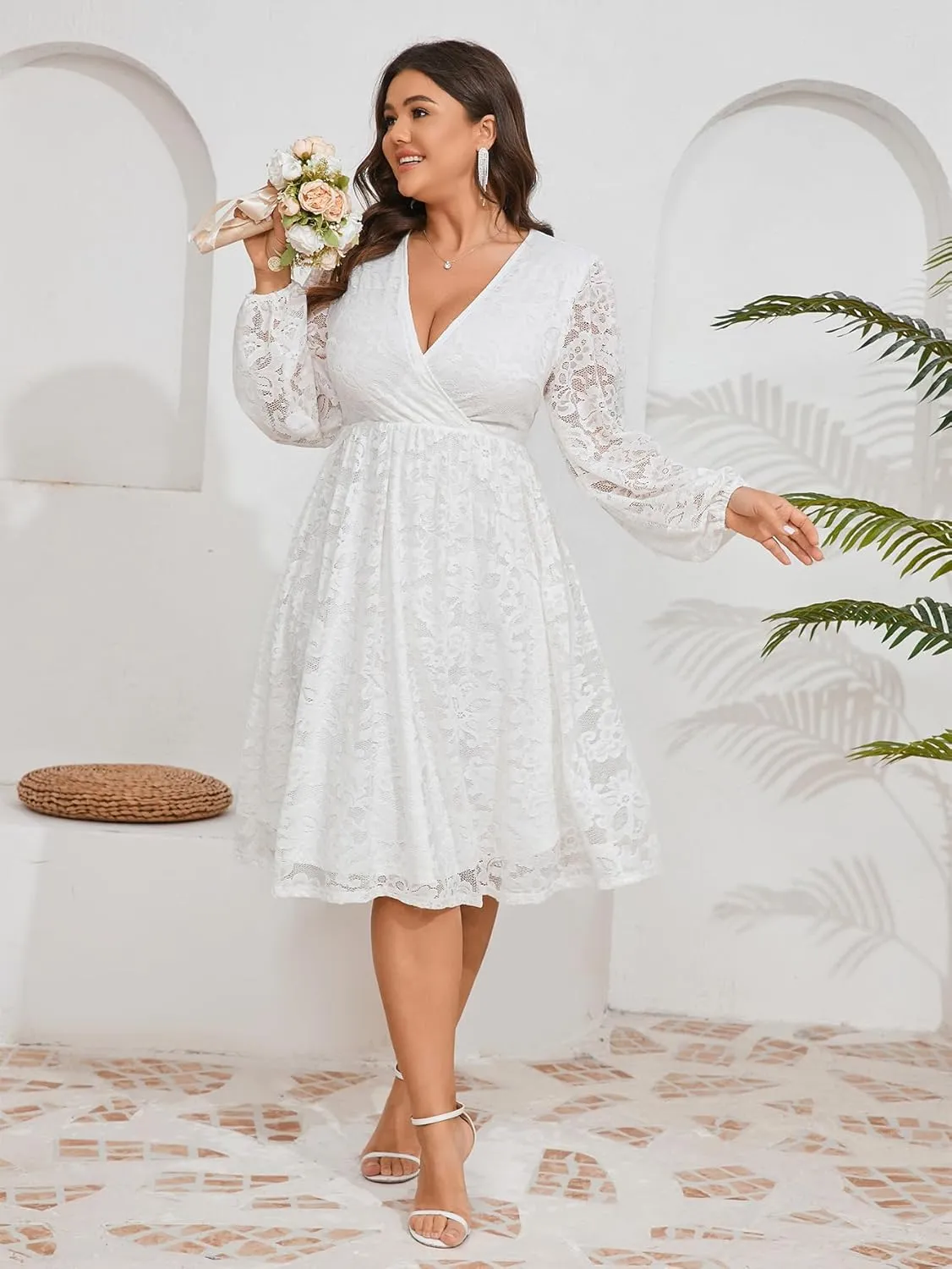 Womens Plus Size Lace Midi Dress V Neck Wrap Long Sleeve Flowy A line Cocktail Dresses for Wedding Guest