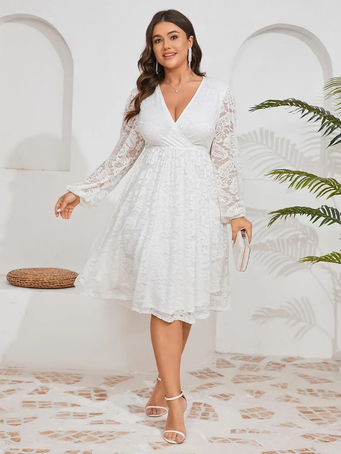 Womens Plus Size Lace Midi Dress V Neck Wrap Long Sleeve Flowy A line Cocktail Dresses for Wedding Guest