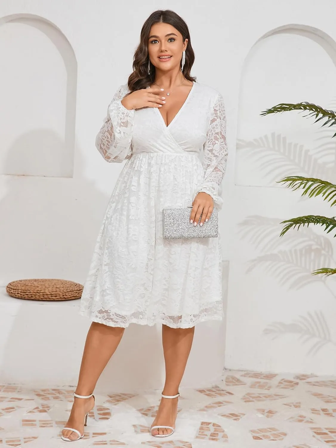 Womens Plus Size Lace Midi Dress V Neck Wrap Long Sleeve Flowy A line Cocktail Dresses for Wedding Guest