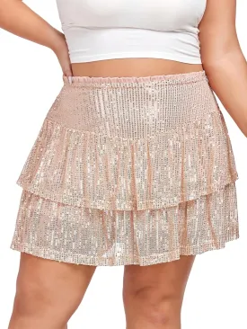 Women's Sequin Short Skirt High Waist Sparkly Ruffle Mini Skater Skirt Glitter Tiered Skirt Night Out Party