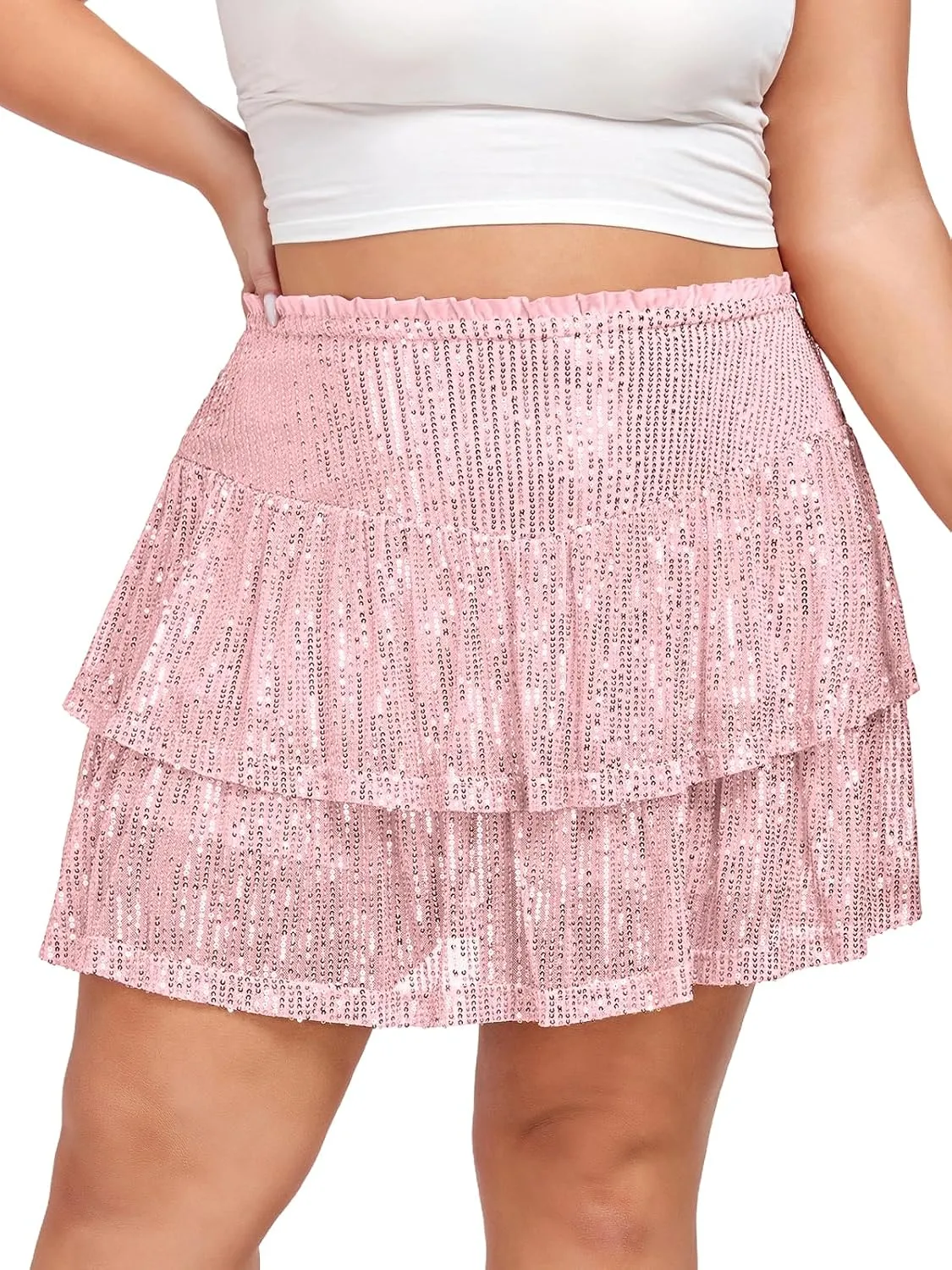 Women's Sequin Short Skirt High Waist Sparkly Ruffle Mini Skater Skirt Glitter Tiered Skirt Night Out Party