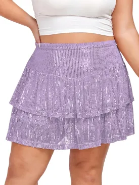 Women's Sequin Short Skirt High Waist Sparkly Ruffle Mini Skater Skirt Glitter Tiered Skirt Night Out Party