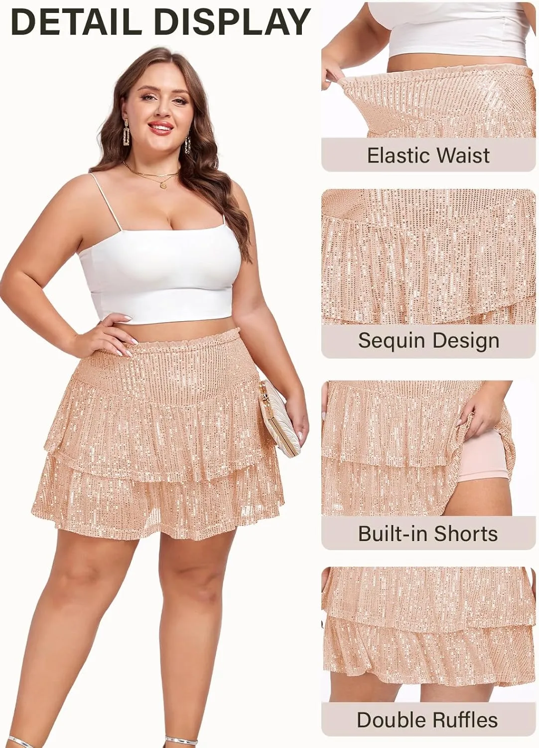 Women's Sequin Short Skirt High Waist Sparkly Ruffle Mini Skater Skirt Glitter Tiered Skirt Night Out Party