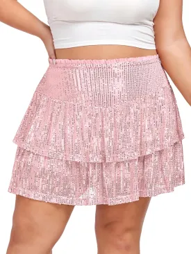 Women's Sequin Short Skirt High Waist Sparkly Ruffle Mini Skater Skirt Glitter Tiered Skirt Night Out Party