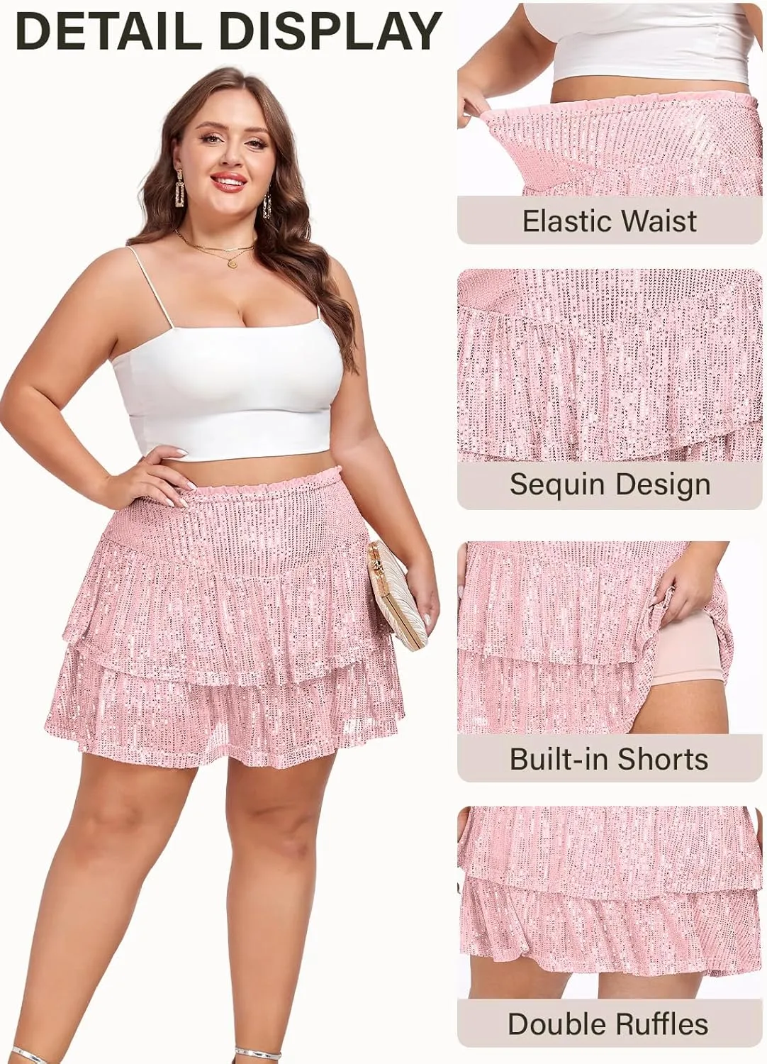 Women's Sequin Short Skirt High Waist Sparkly Ruffle Mini Skater Skirt Glitter Tiered Skirt Night Out Party