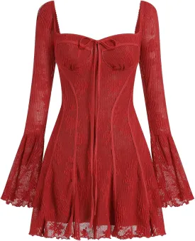 Women's Short Corset Y2k Mini Dress Long Sleeve Low Cut Lace Dress Vintage Solid Floral Party Dresses