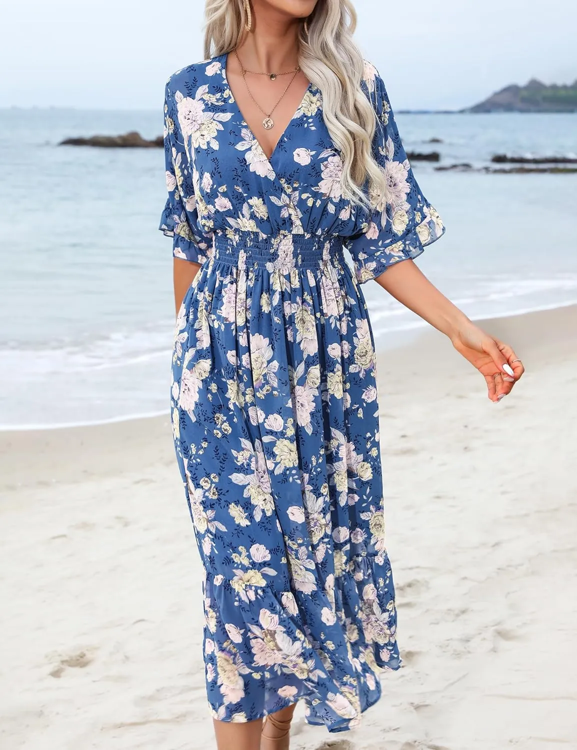 Women's Spring Summer 2025 Floral Midi Dress A Line Chiffon Boho Casual Short Sleeve Long Beach Dresses