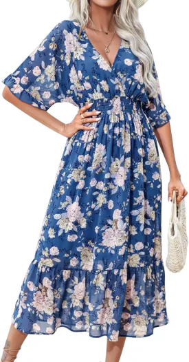 Women's Spring Summer 2025 Floral Midi Dress A Line Chiffon Boho Casual Short Sleeve Long Beach Dresses