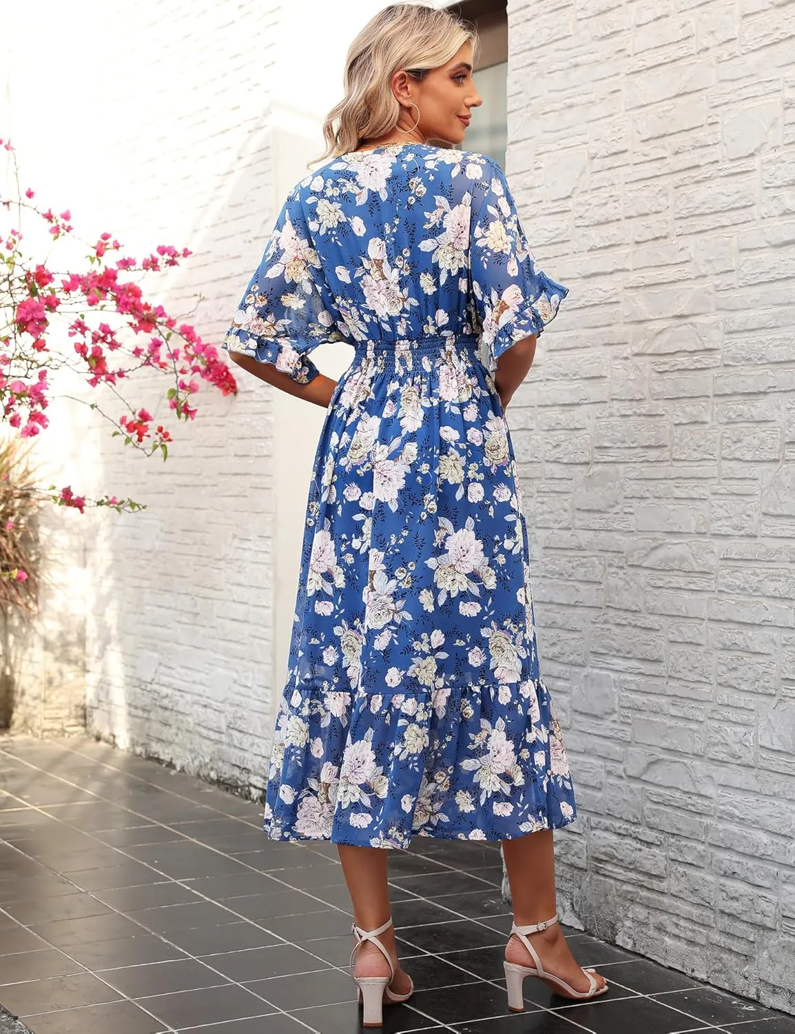 Women's Spring Summer 2025 Floral Midi Dress A Line Chiffon Boho Casual Short Sleeve Long Beach Dresses
